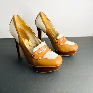 MICHAEL Michael Kors Two-Tone Platform Loafer Heels Tan/Cream Sz 6.5